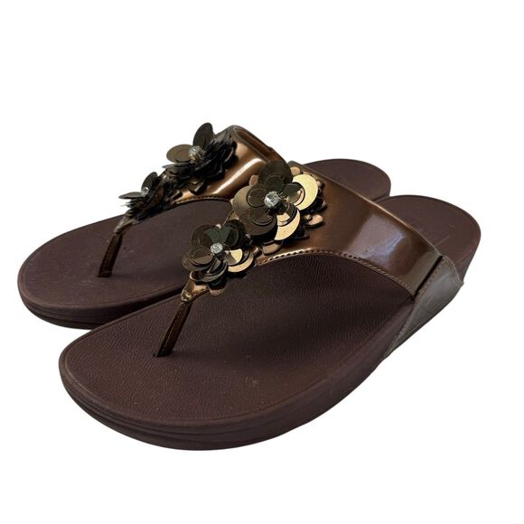 FitFlop Lulu Flower Patent Bronze Brown Thong Flip Flops Sandals Size 9 Shoes - Picture 1 of 10